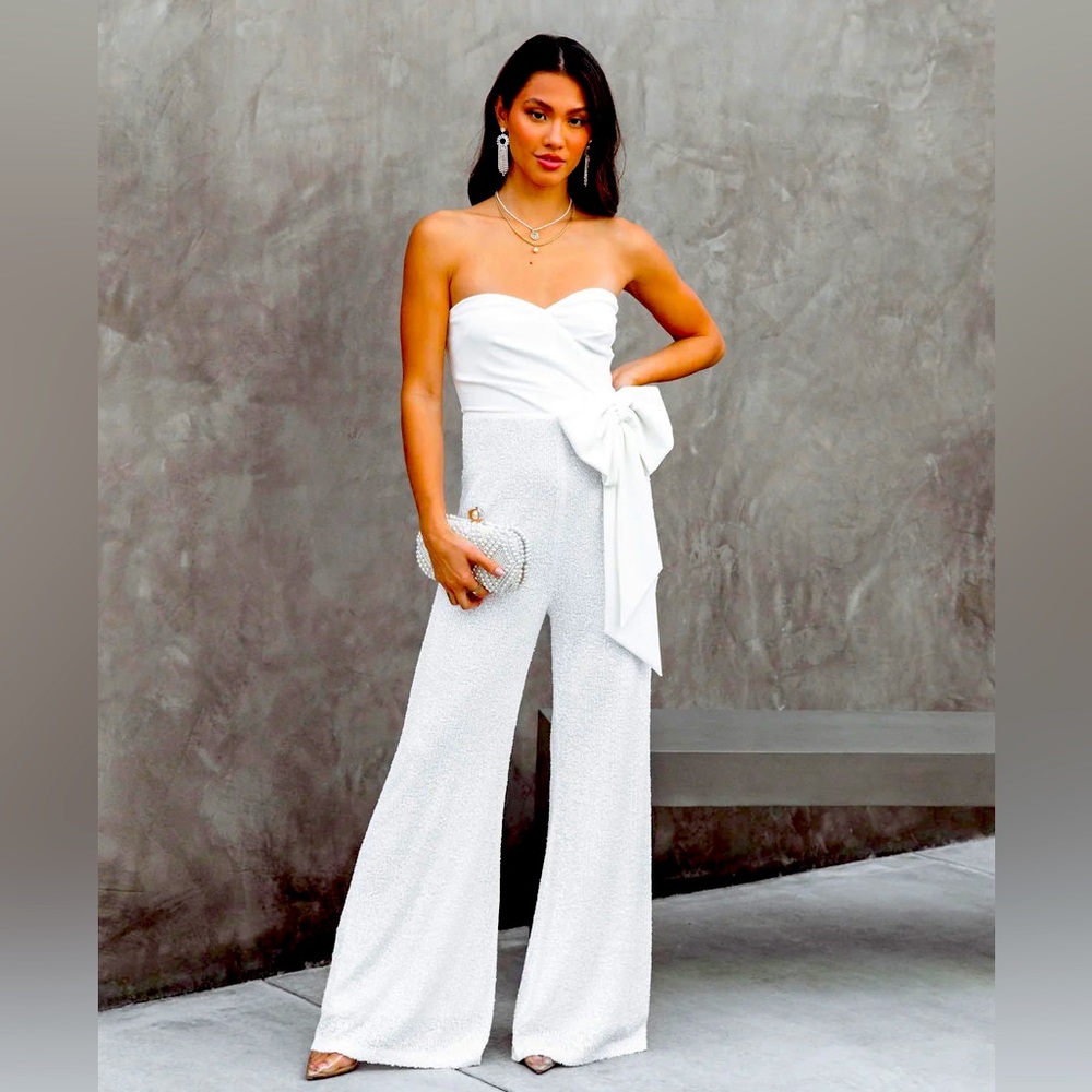 Strapless white sequin jumpsuit